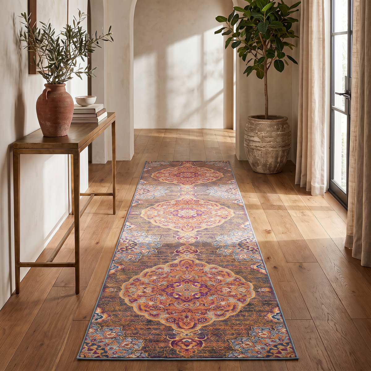 Floria Floral Medallion Traditional Blue and Pink Indoor Rug