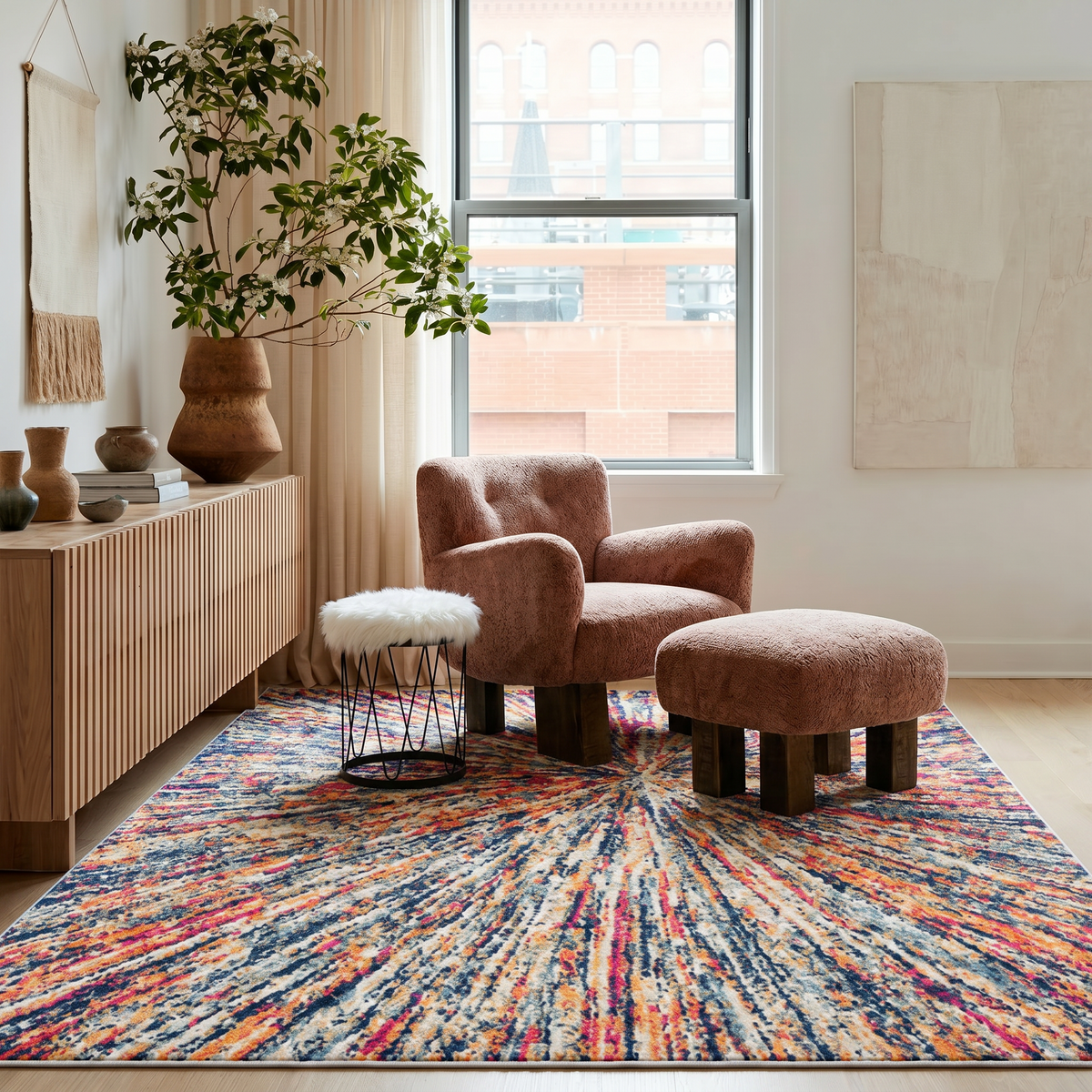 Nova Abstract Contemporary Blue and Cream Indoor Rug