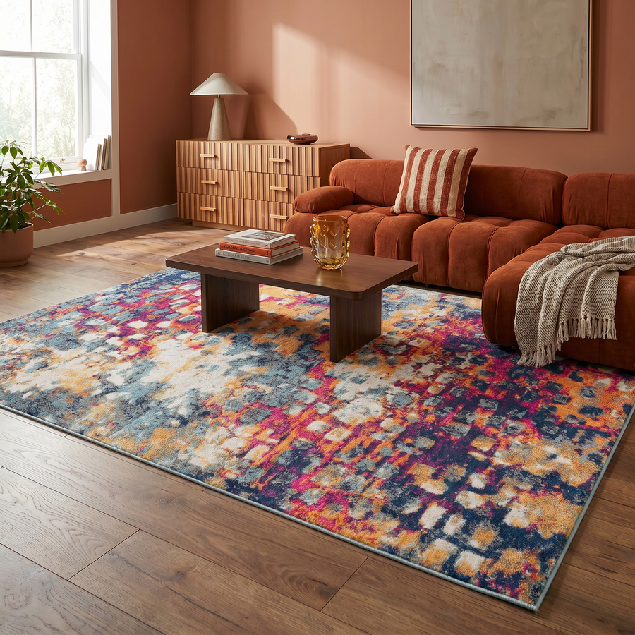 Ziya Abstract Distressed Contemporary Yellow and Blue Indoor Rug