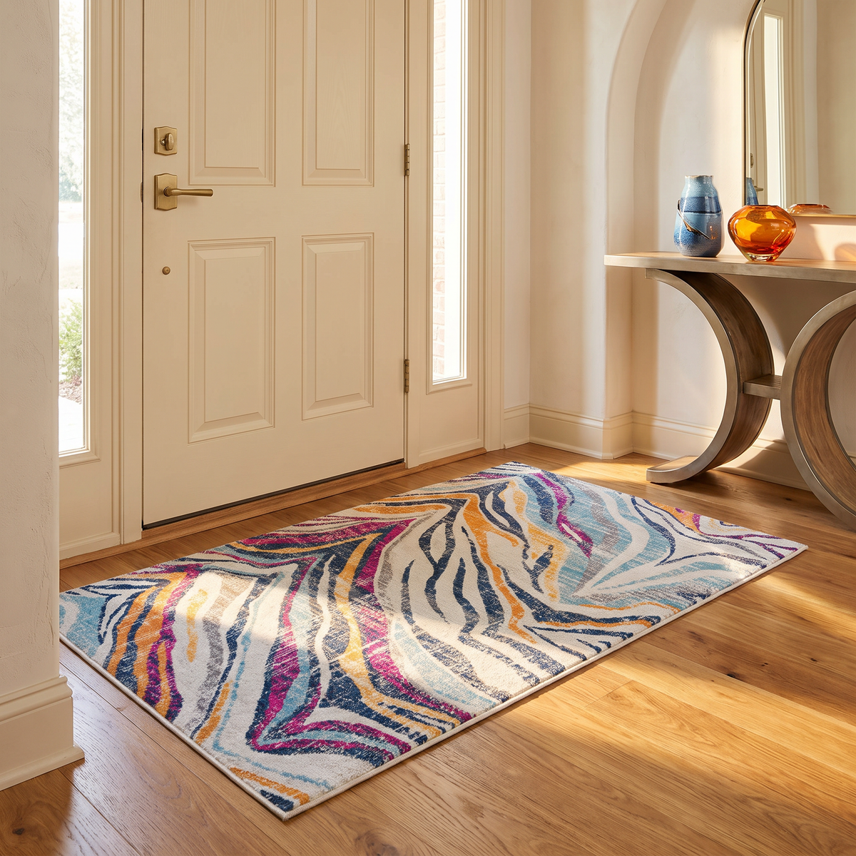 Zola Abstract Wave Contemporary Beige and Blue Indoor Rug