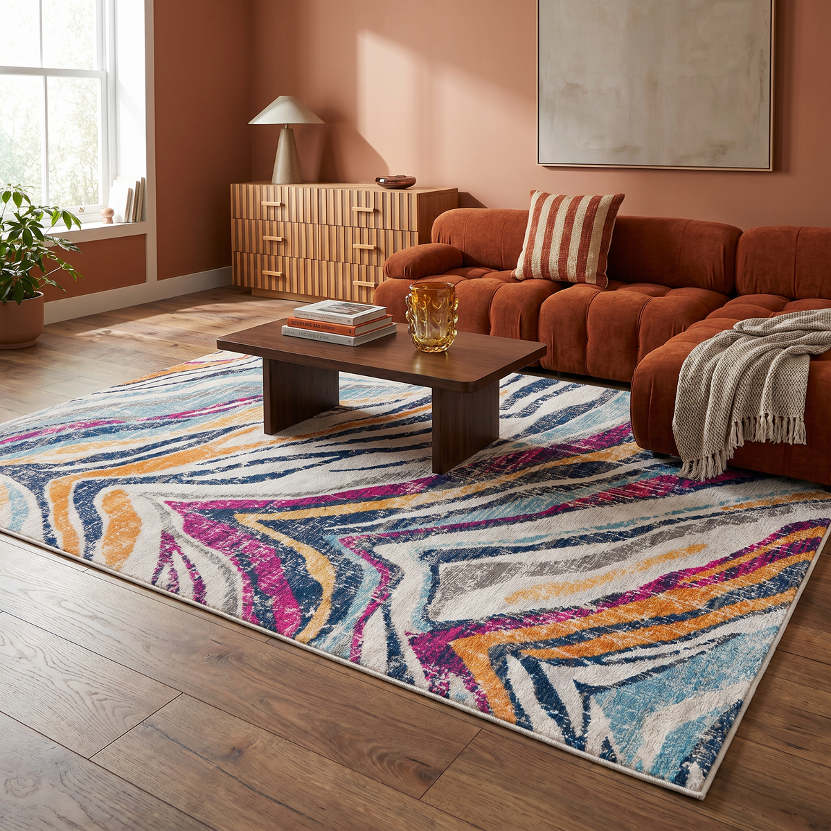 Zola Abstract Wave Contemporary Beige and Blue Indoor Rug