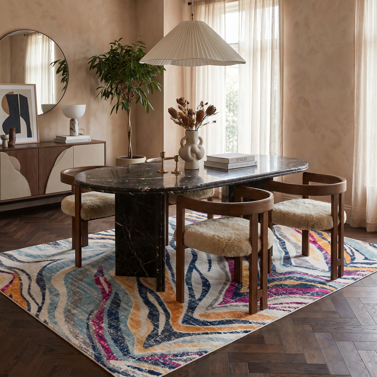 Zola Abstract Wave Contemporary Beige and Blue Indoor Rug