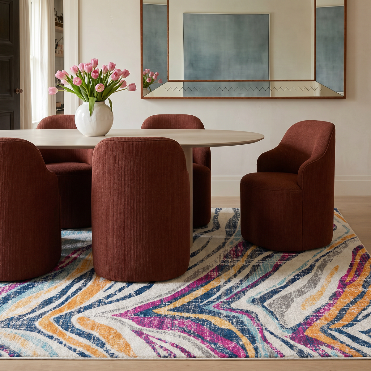 Zola Abstract Wave Contemporary Beige and Blue Indoor Rug