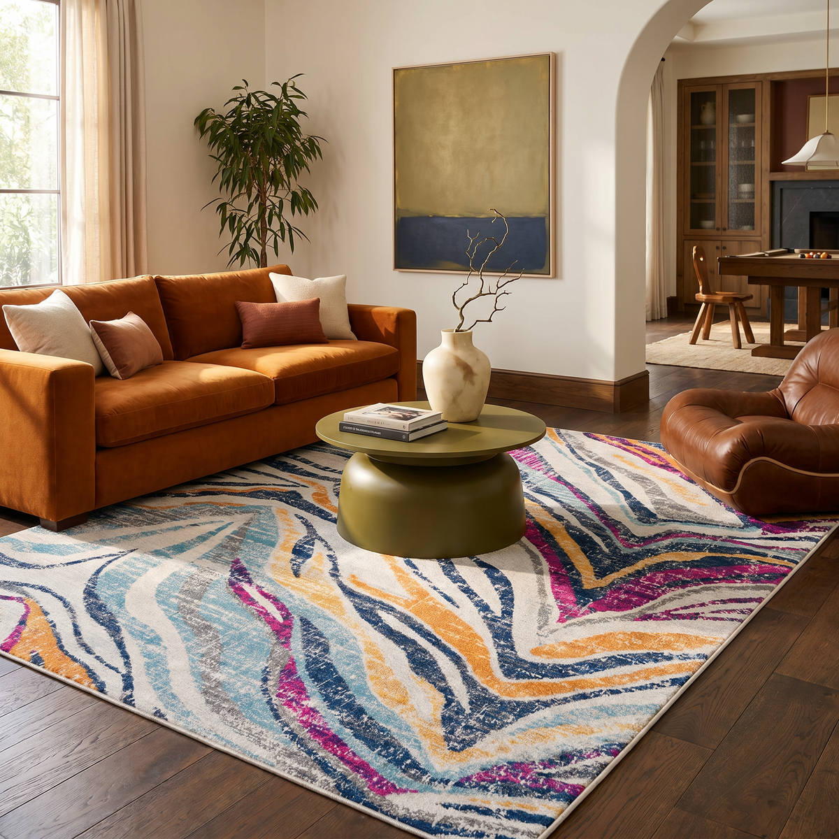 Zola Abstract Wave Contemporary Beige and Blue Indoor Rug