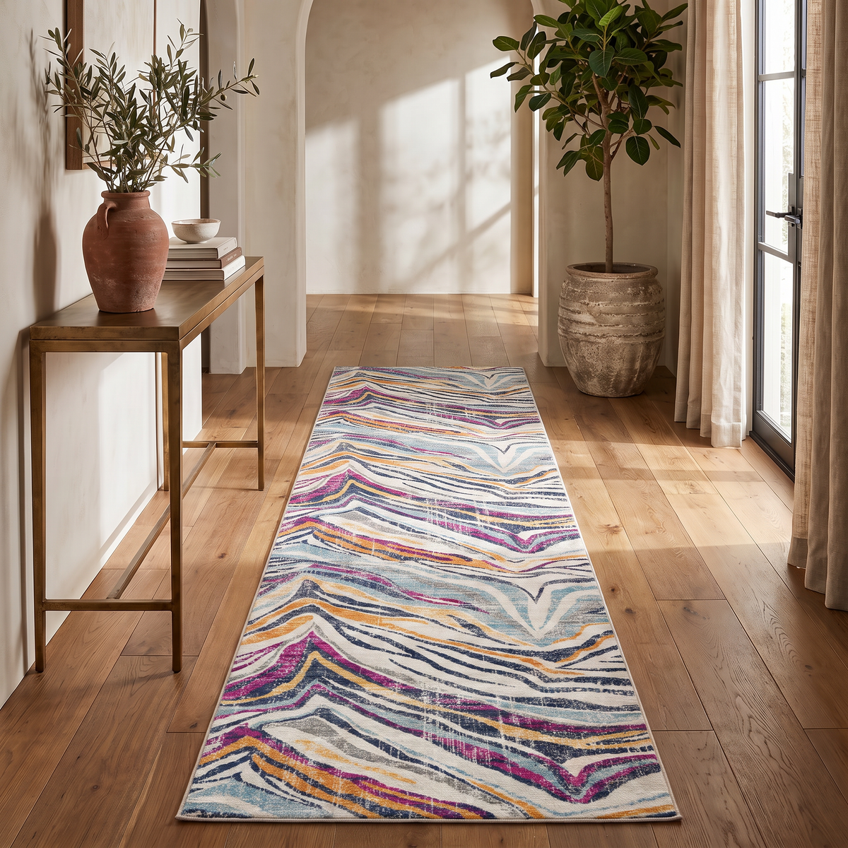 Zola Abstract Wave Contemporary Beige and Blue Indoor Rug