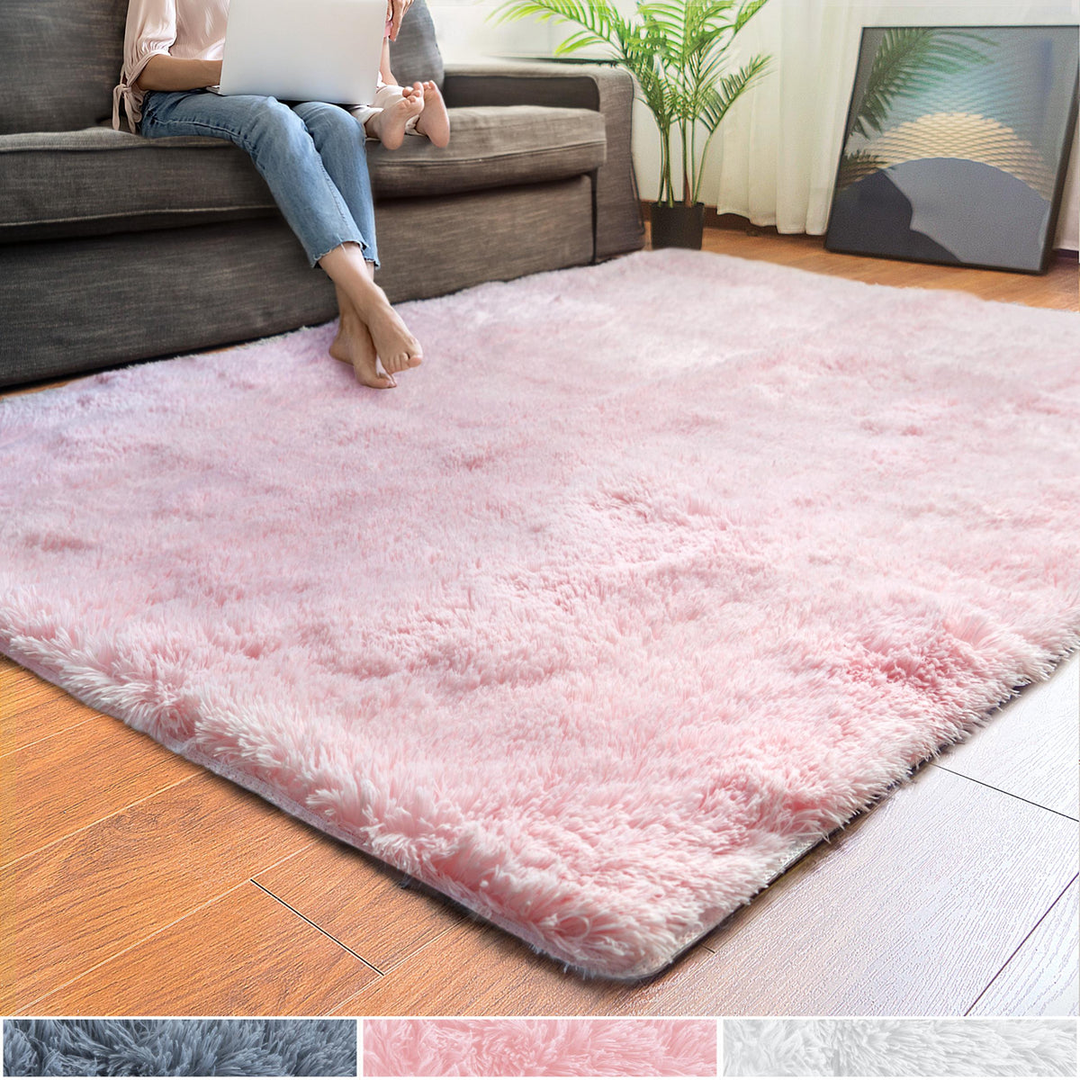 Alba Solid Contemporary Pink Plush Indoor Rug