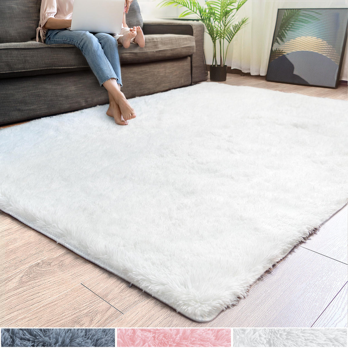 Alba Solid Contemporary White Plush Indoor Rug