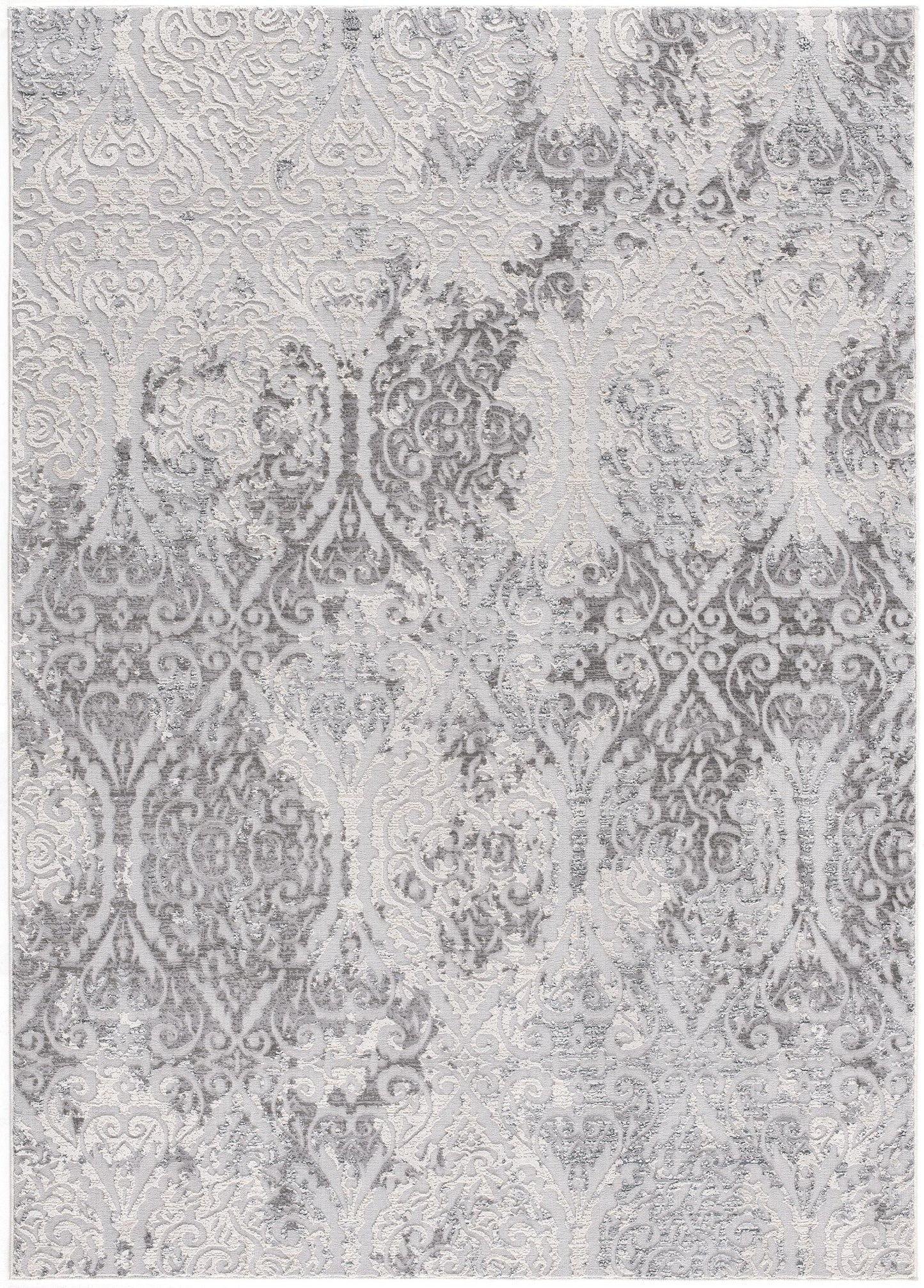 Serica Distressed Damask Transitional Grey and Beige Indoor Rug