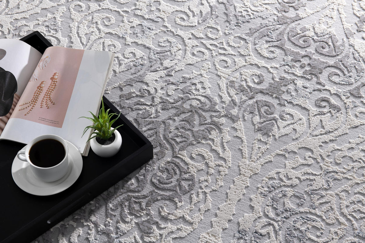 Serica Distressed Damask Transitional Grey and Beige Indoor Rug