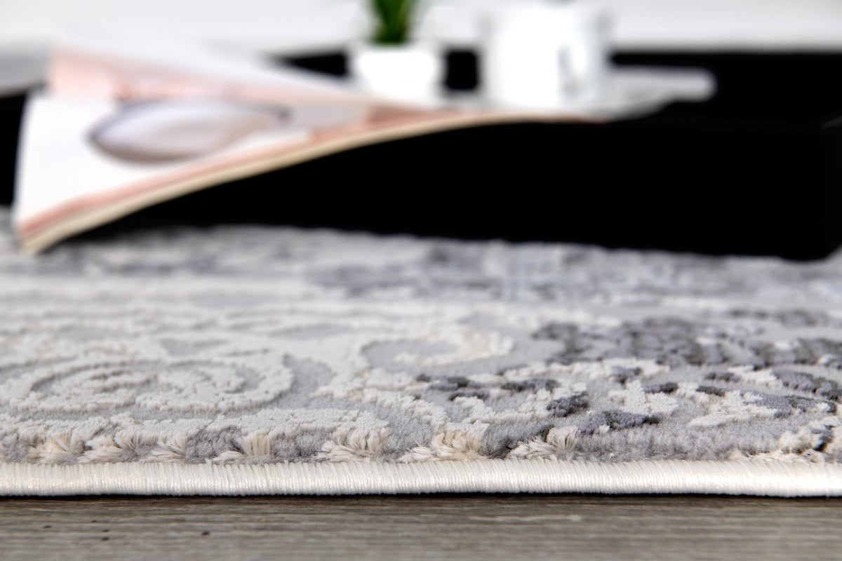 Serica Distressed Damask Transitional Grey and Beige Indoor Rug
