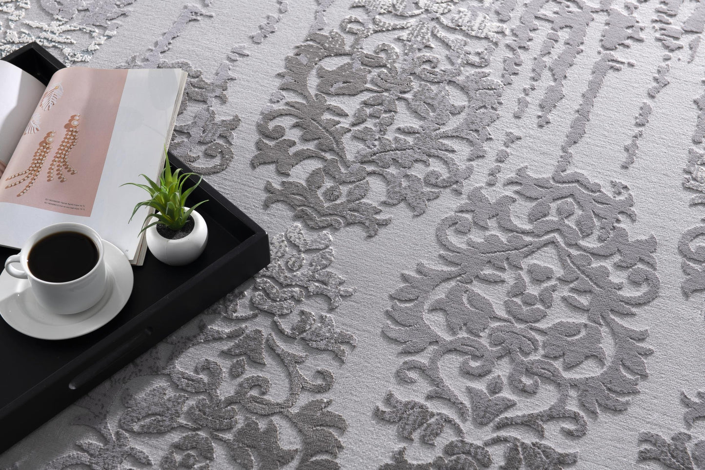 Ravenna Distressed Damask Transitional Grey and Beige Indoor Rug-9
