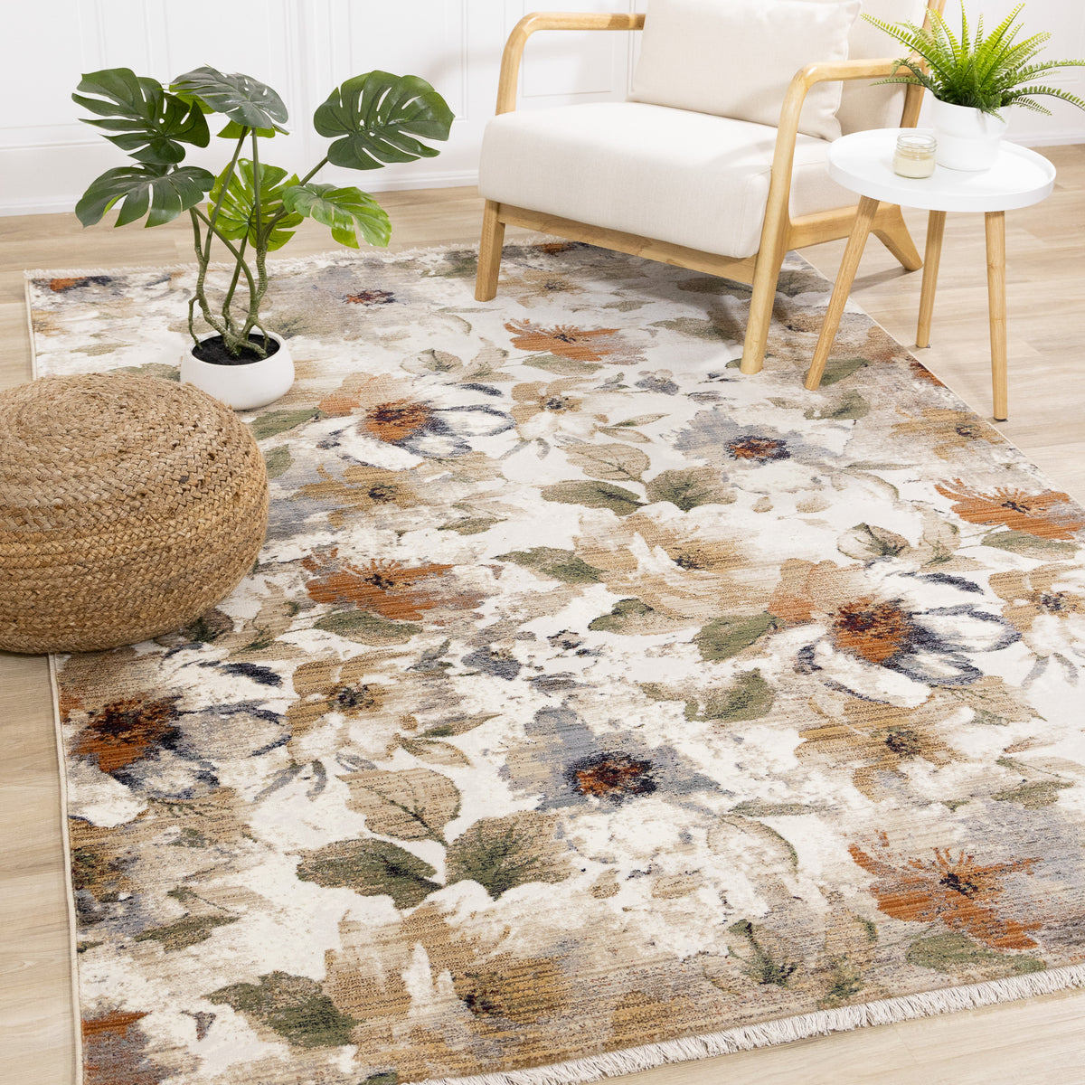 Tapis contemporain botanique crème