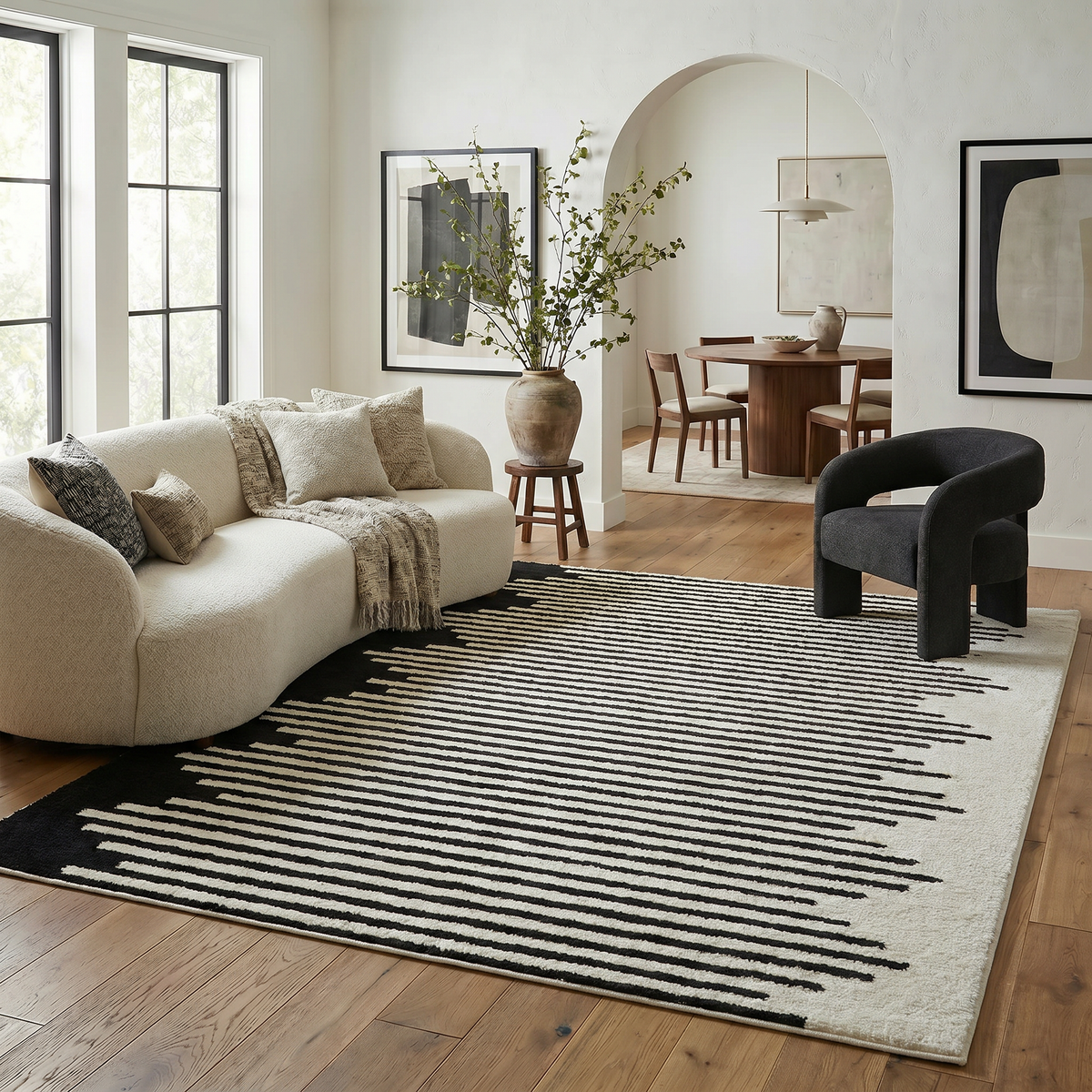 Shodo Striped Modern Cream and Black Indoor Rug