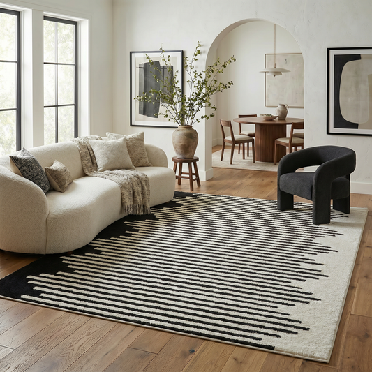 Shodo Striped Modern Cream and Black Indoor Rug