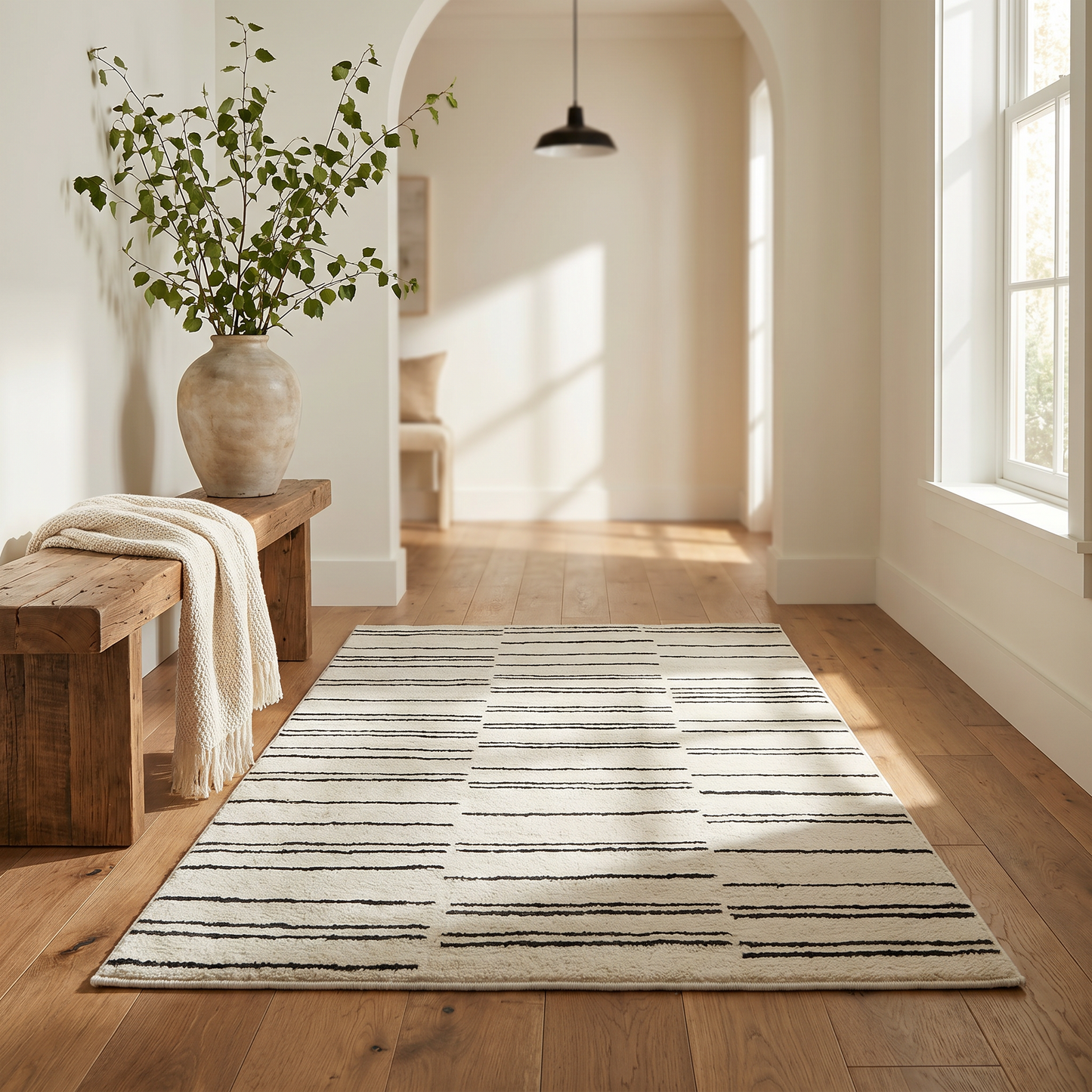 Eken Striped Modern Cream and Black Indoor Rug