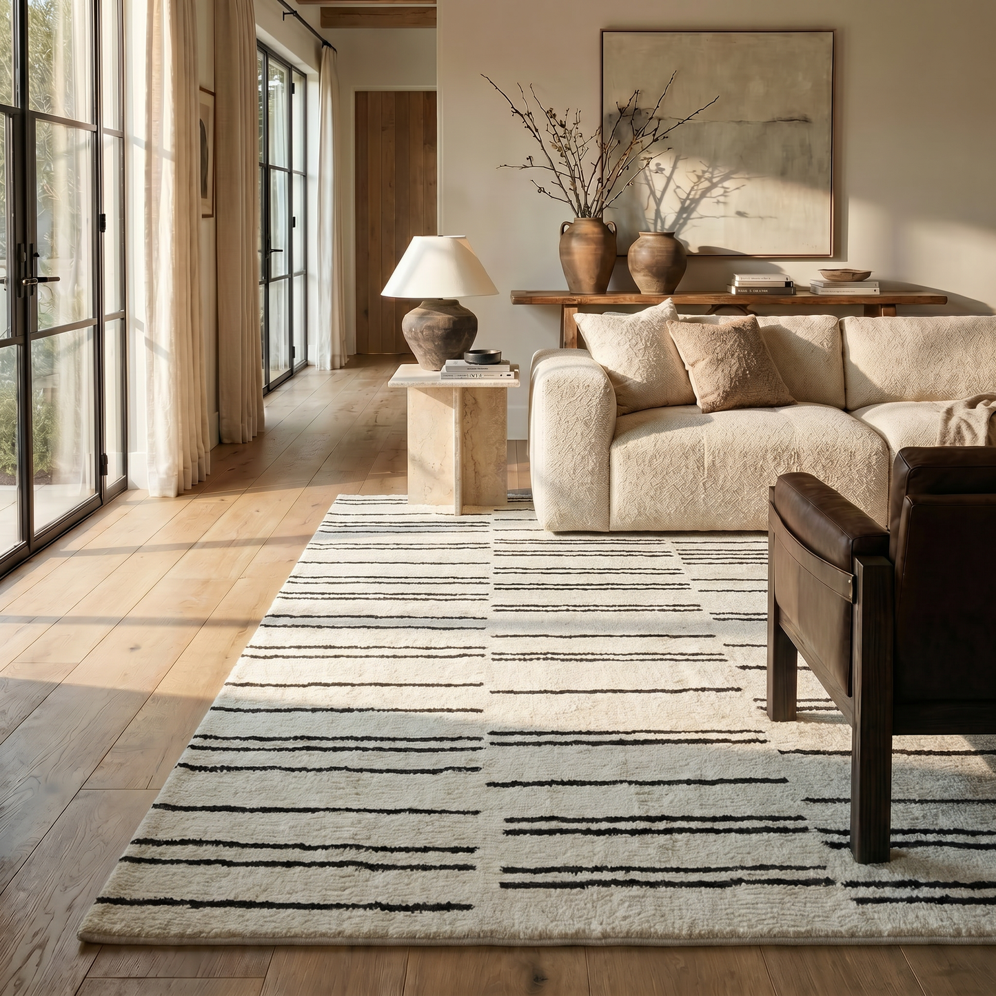 Eken Striped Modern Cream and Black Indoor Rug