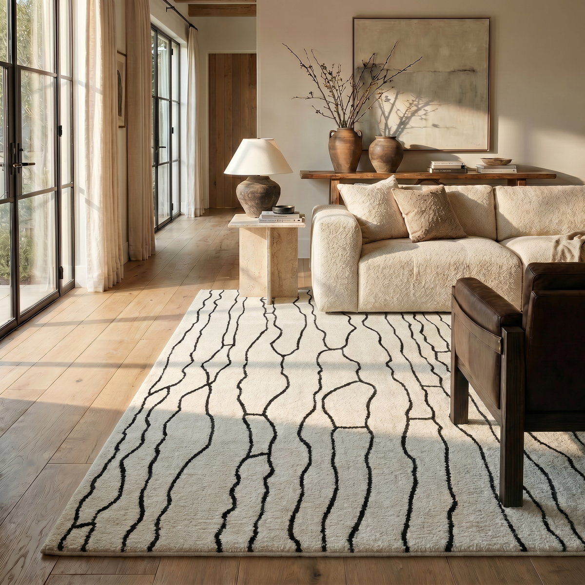Aida Abstract Modern Cream and Black Indoor Rug