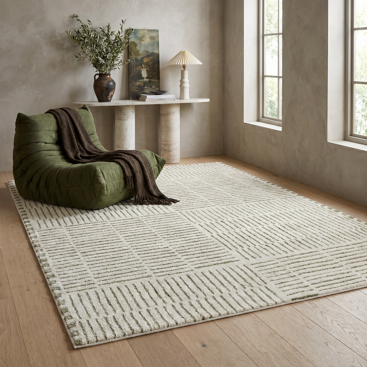 Kawa Abstract Modern Cream and Green Indoor Rug