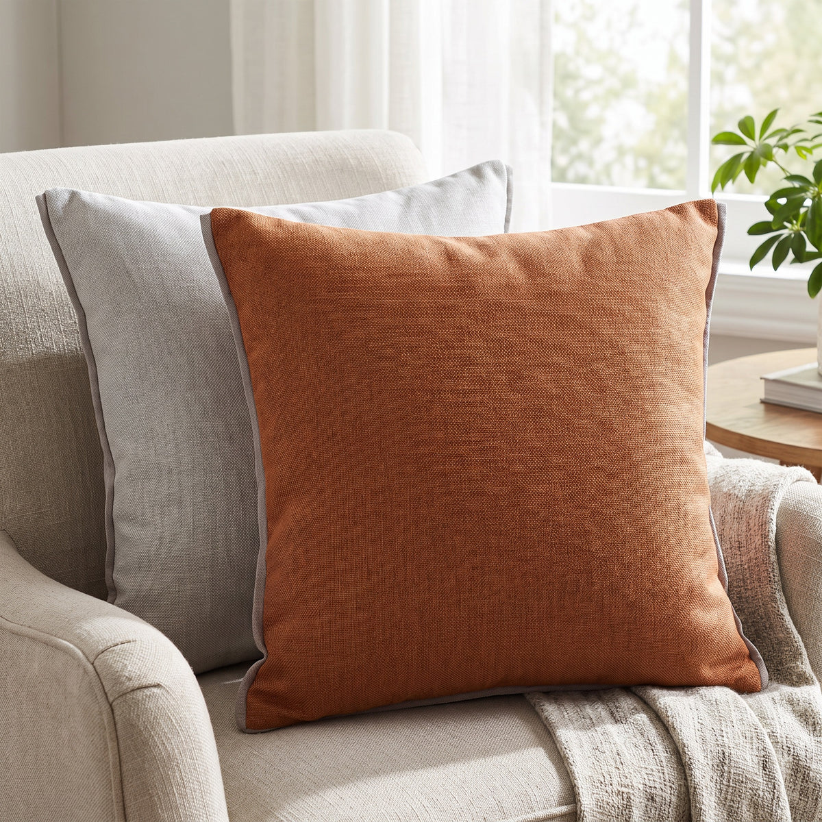 Tova Textured Rust and Light Grey Pillow in a room
