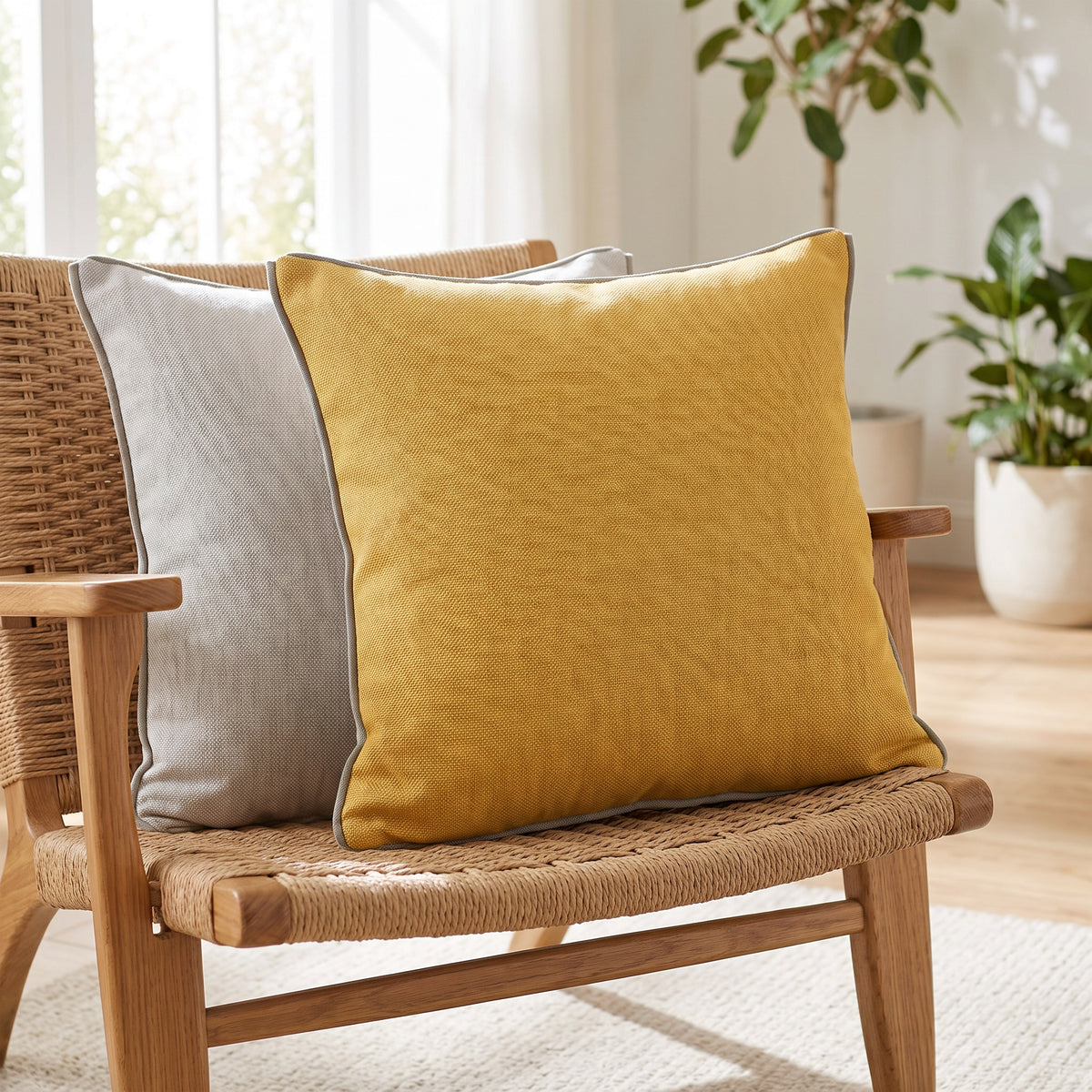 Tova Textured Yellow and Light Grey Pillow in a room