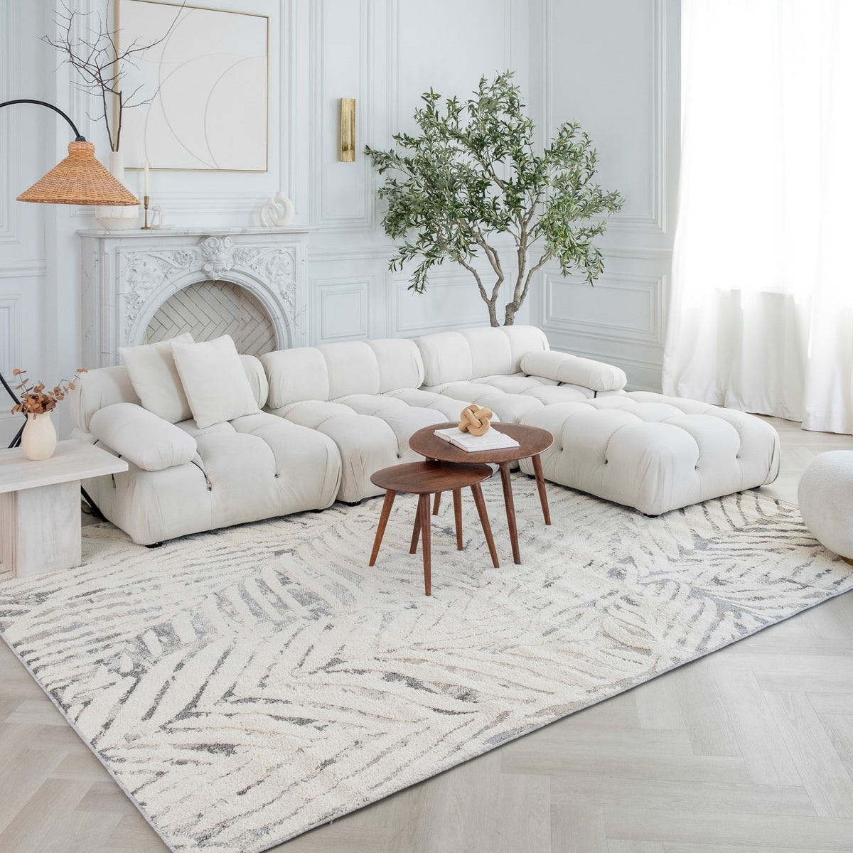 Neerja Botanical Contemporary Cream and Grey Indoor Rug