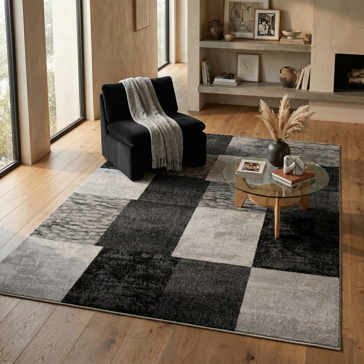 Alfombra Dhruv geométrica contemporánea gris y negra para interiores