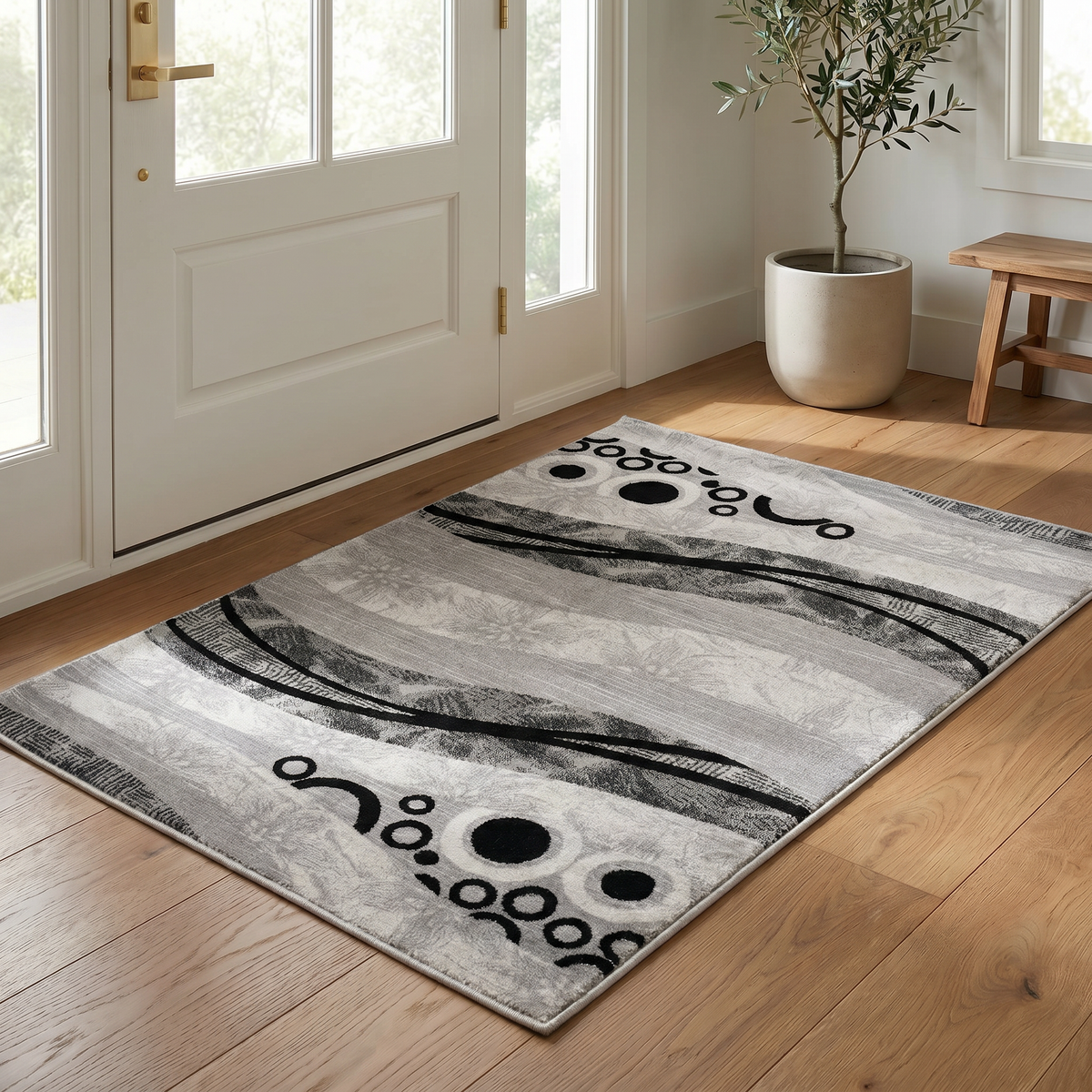 Lehar Abstract Wave Contemporary Grey and Black Indoor Rug