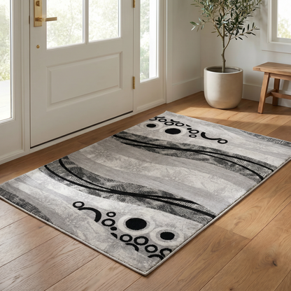 Lehar Abstract Wave Contemporary Grey and Black Indoor Rug