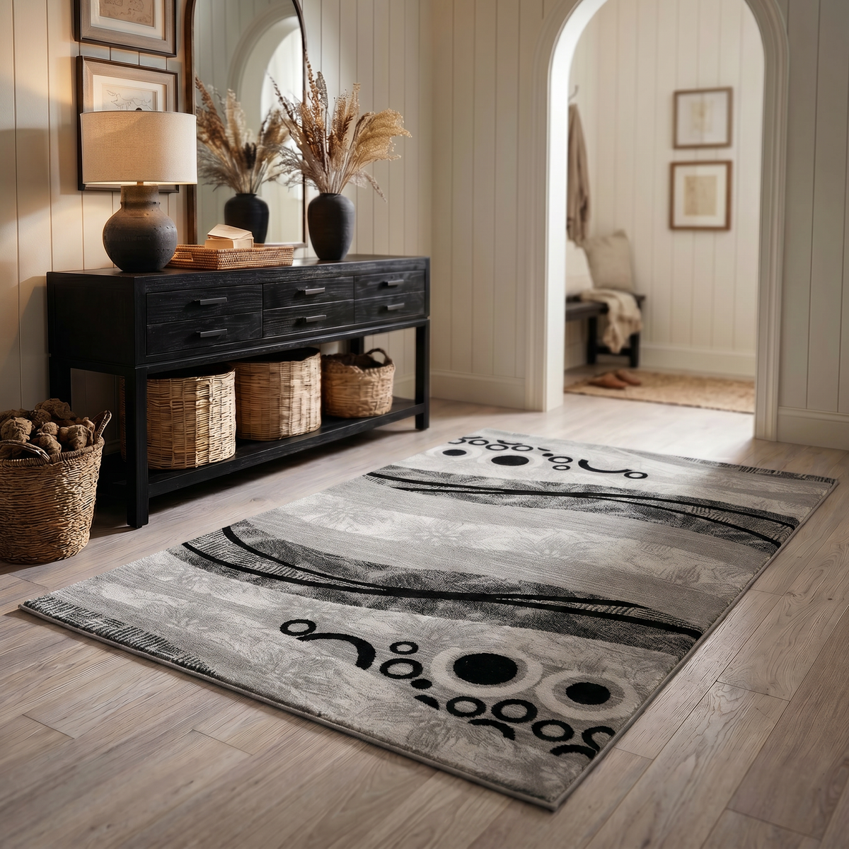 Lehar Abstract Wave Contemporary Grey and Black Indoor Rug