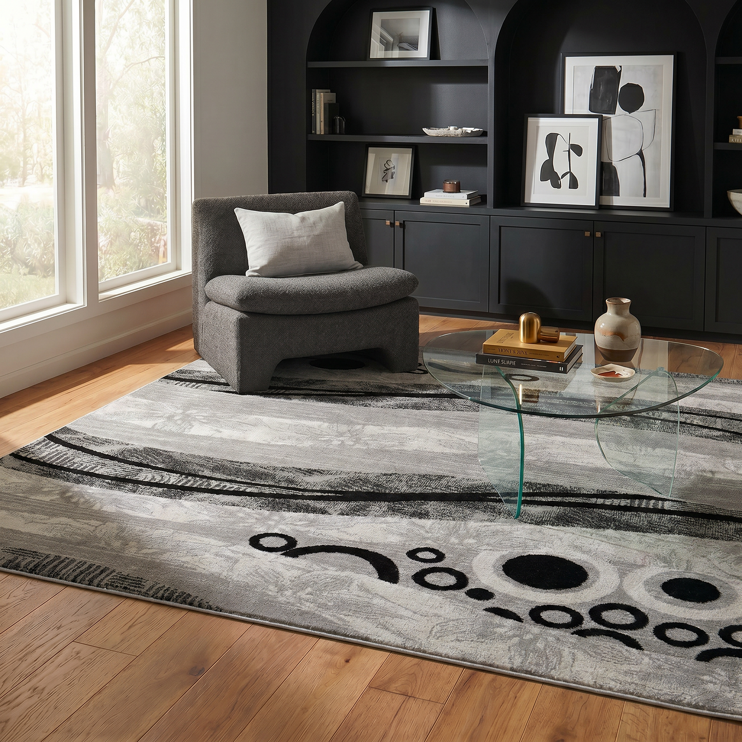 Lehar Abstract Wave Contemporary Grey and Black Indoor Rug