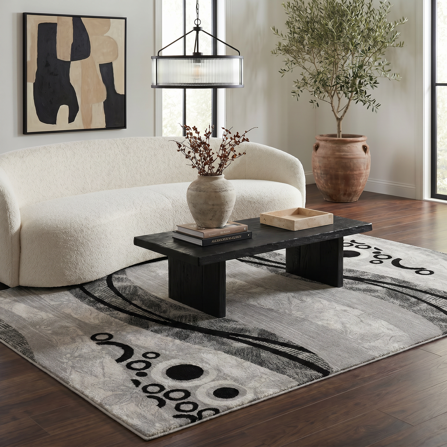 Lehar Abstract Wave Contemporary Grey and Black Indoor Rug