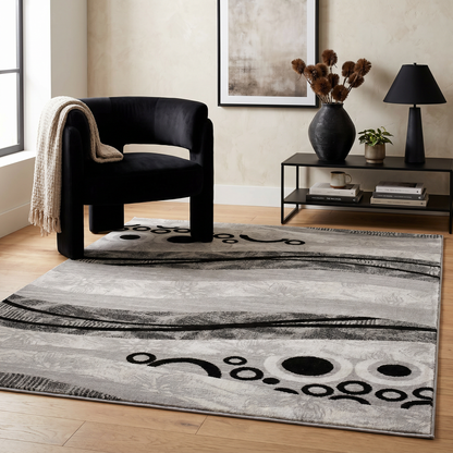 Lehar Abstract Wave Contemporary Grey and Black Indoor Rug