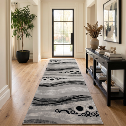 Lehar Abstract Wave Contemporary Grey and Black Indoor Rug