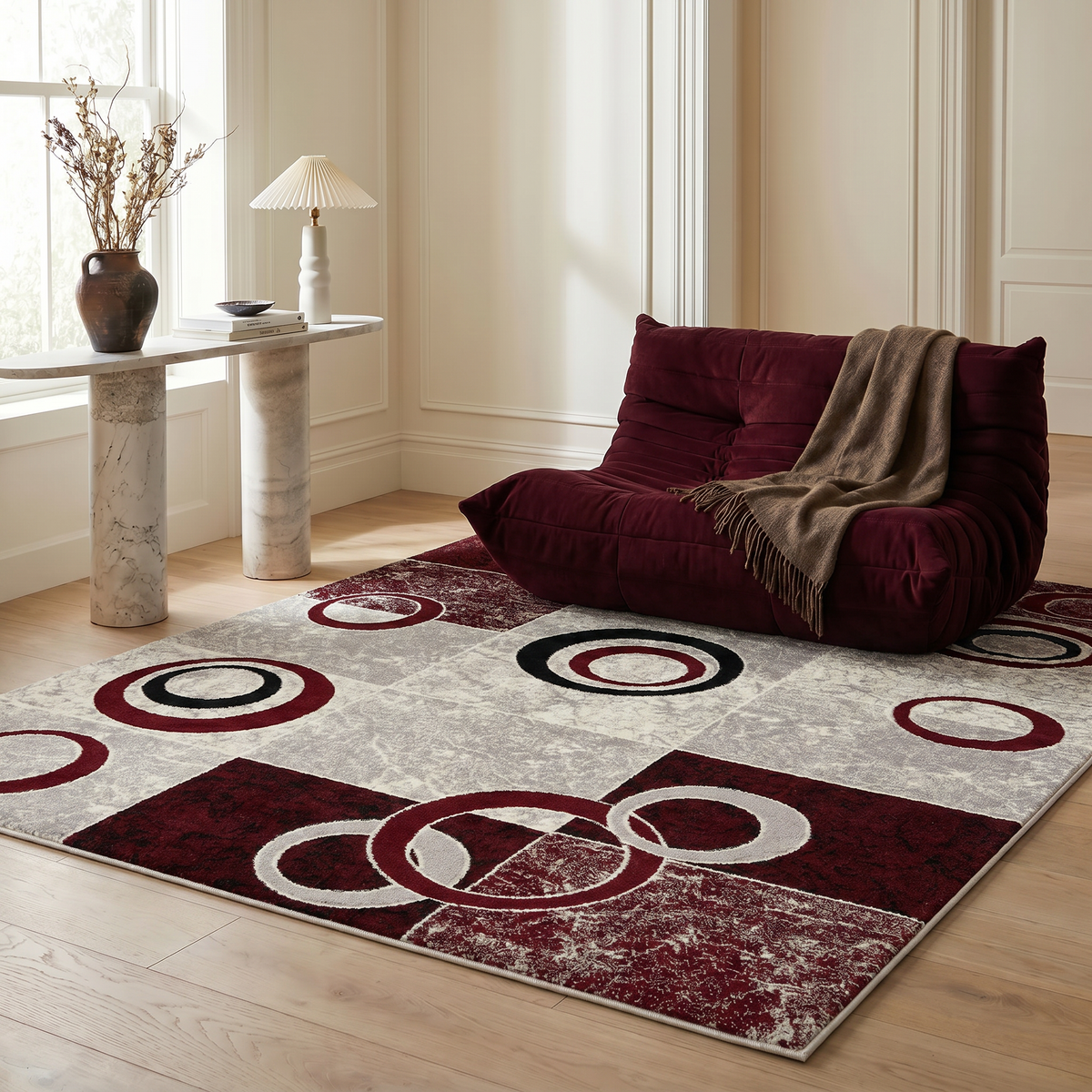 Shiki Abstract Contemporary Red and Grey Indoor Rug