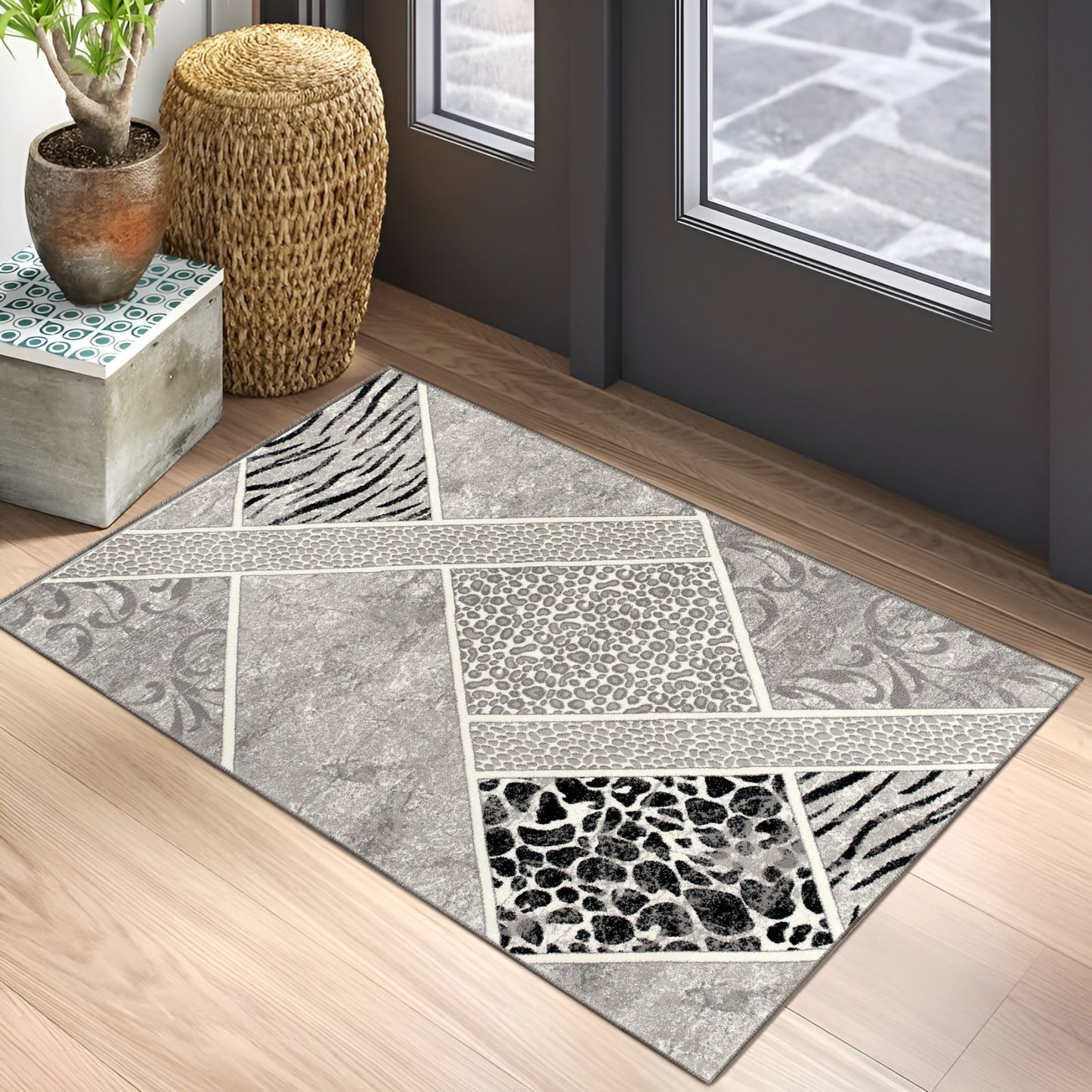 Tapis gris à imprimé animal géométrique Montage