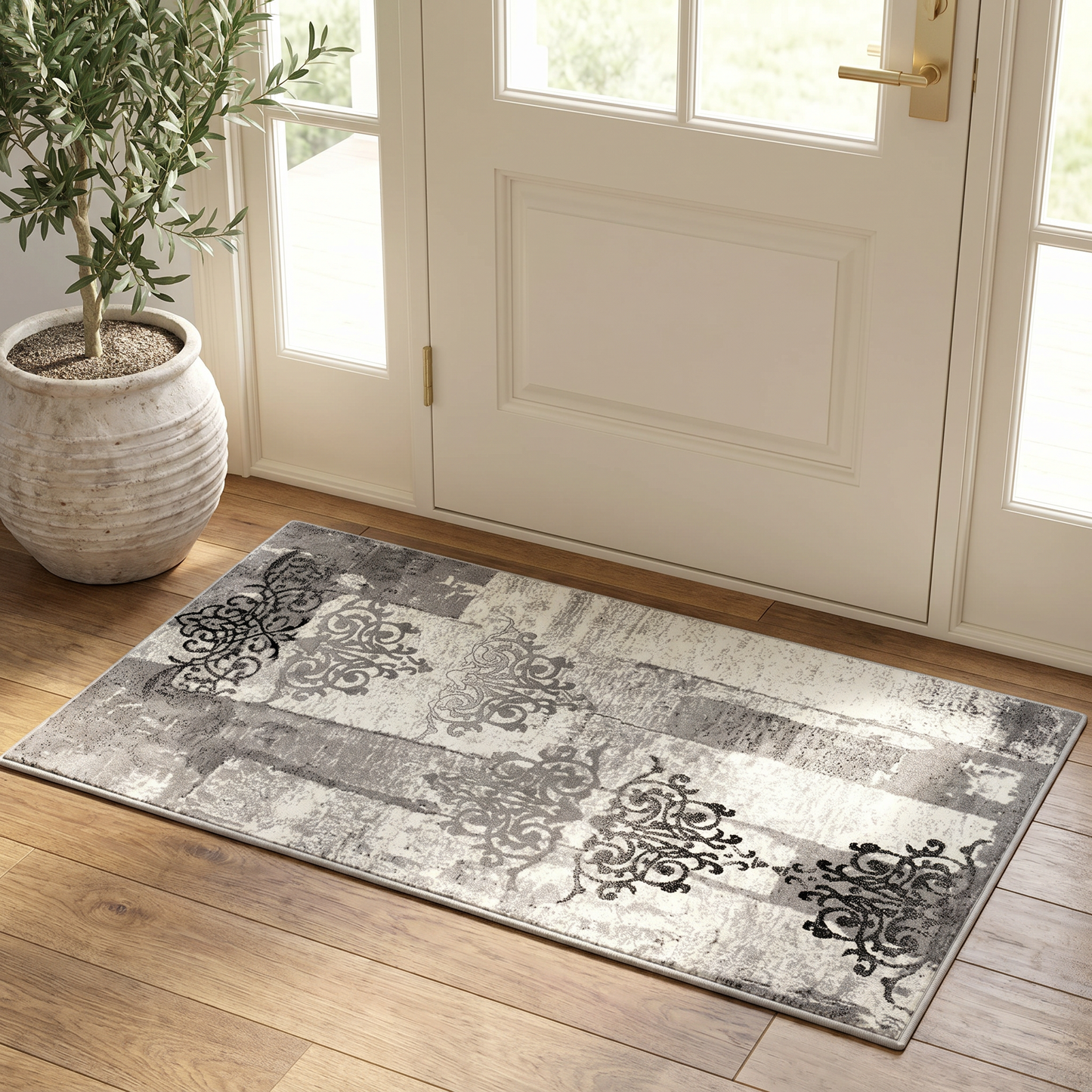 Hikari Distressed Damask Contemporary Grey and Black Indoor Rug