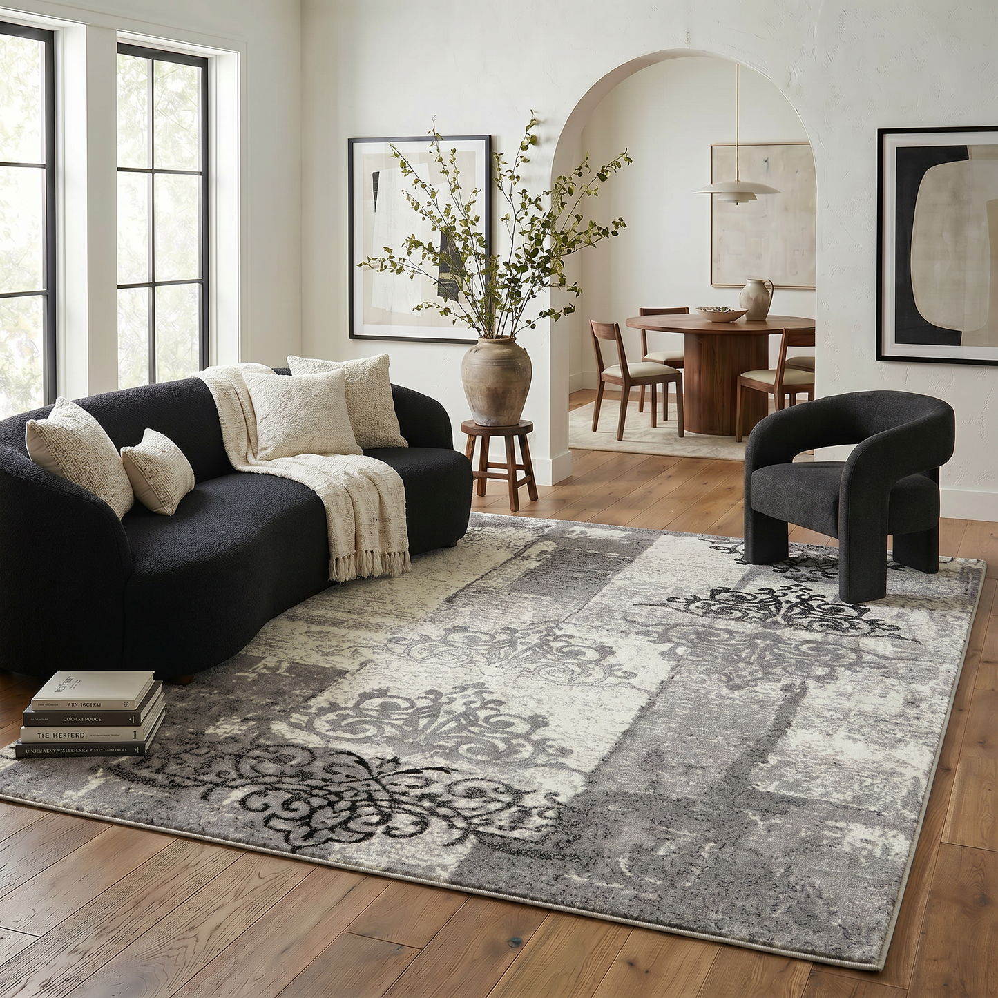 Hikari Distressed Damask Contemporary Grey and Black Indoor Rug