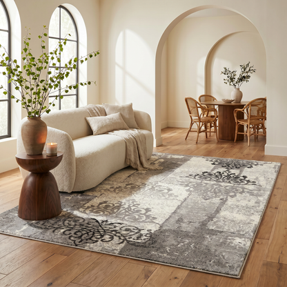 Hikari Distressed Damask Contemporary Grey and Black Indoor Rug