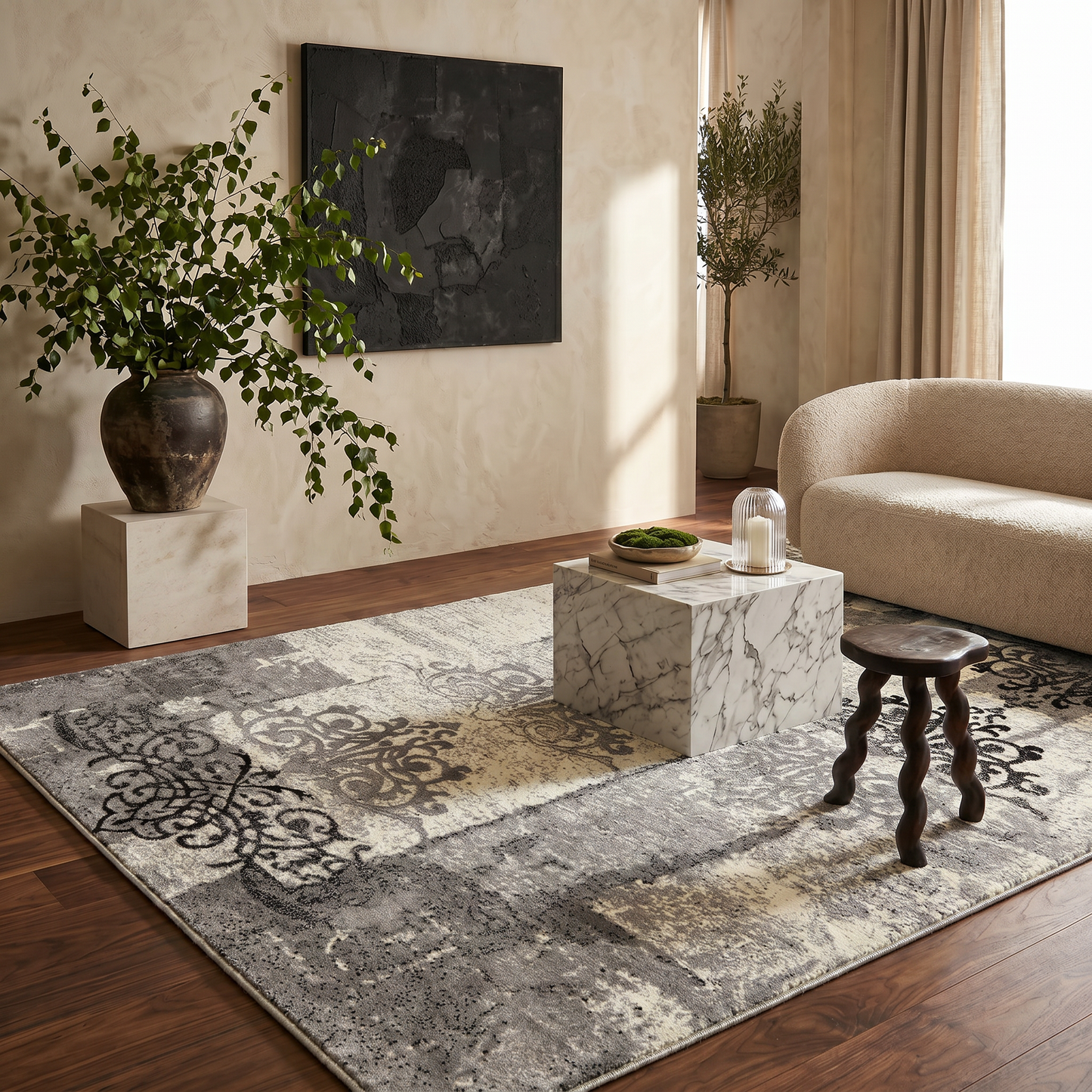 Hikari Distressed Damask Contemporary Grey and Black Indoor Rug
