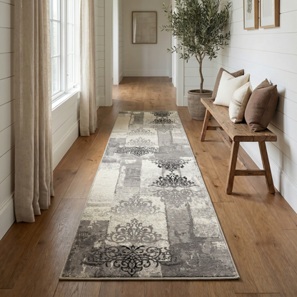 Hikari Distressed Damask Contemporary Grey and Black Indoor Rug