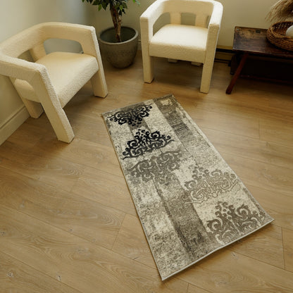 Hikari Distressed Damask Contemporary Grey and Black Indoor Rug-17