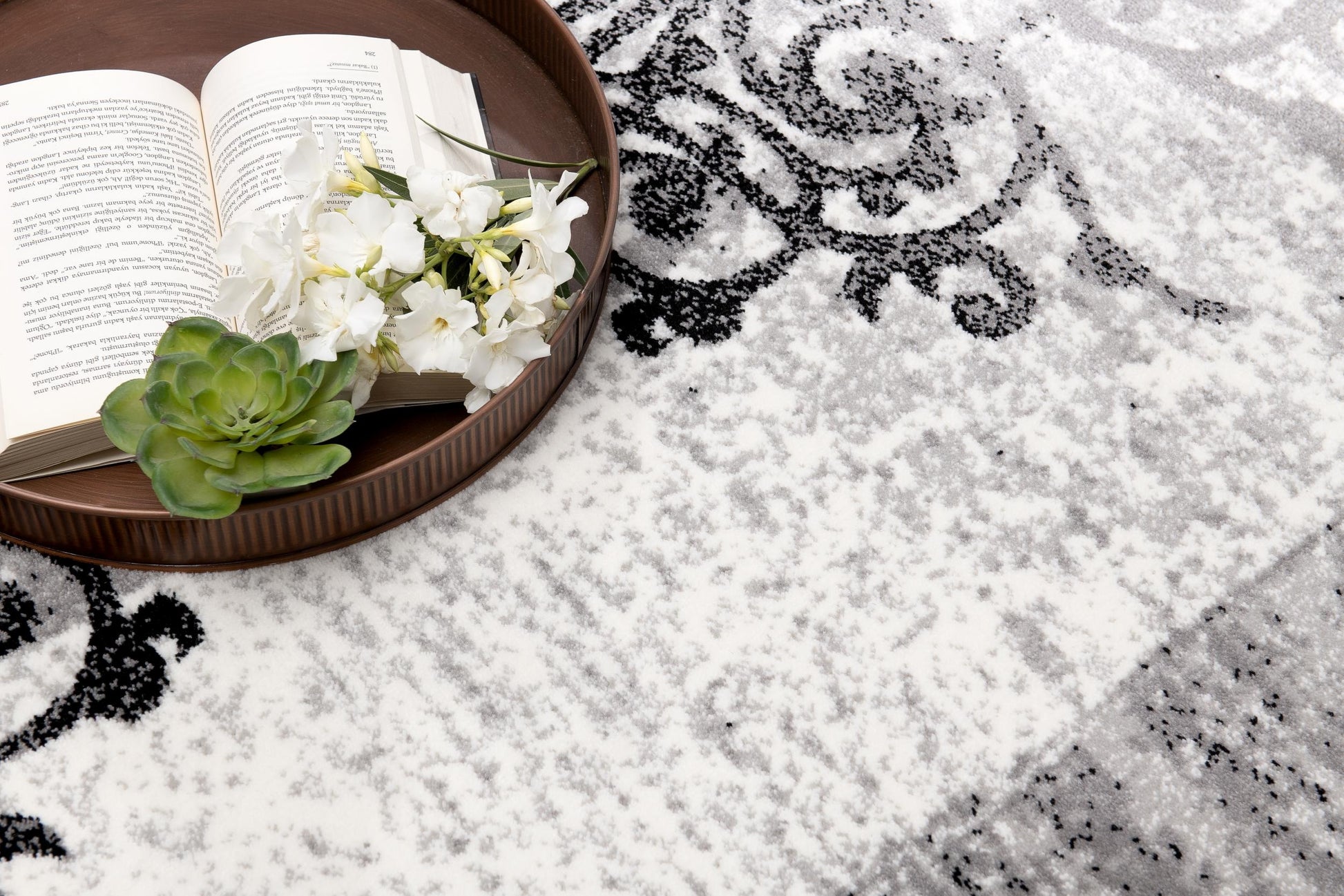 Hikari Distressed Damask Contemporary Grey and Black Indoor Rug-18