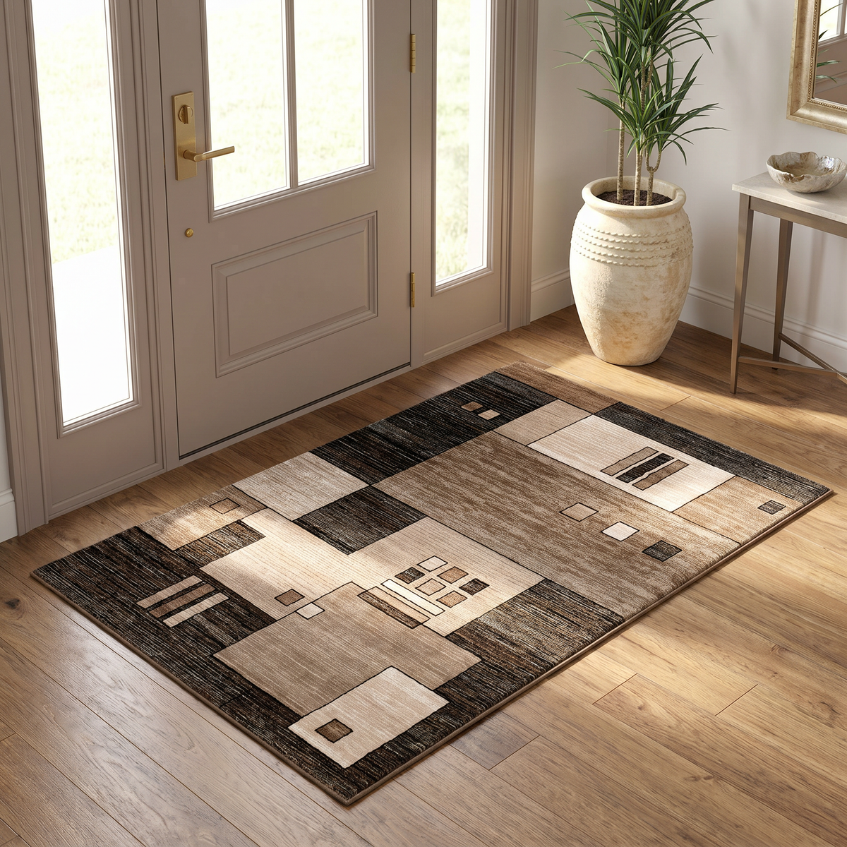 Shizen Geometric Contemporary Brown and Beige Indoor Rug