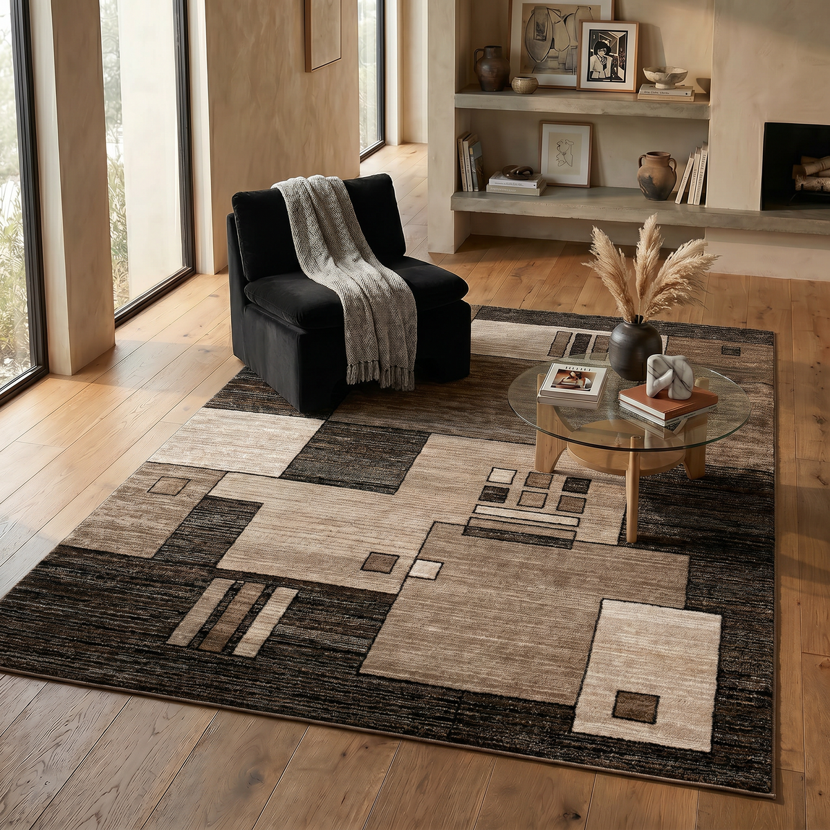 Alfombra de interior Shizen geométrica contemporánea marrón y beige