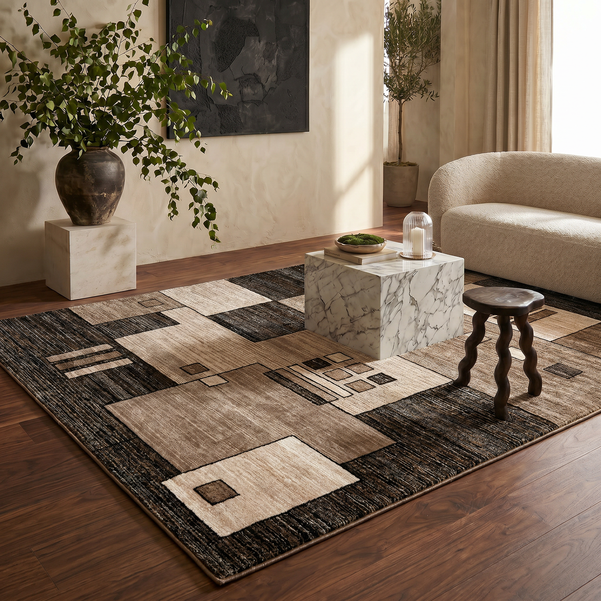 Shizen Geometric Contemporary Brown and Beige Indoor Rug