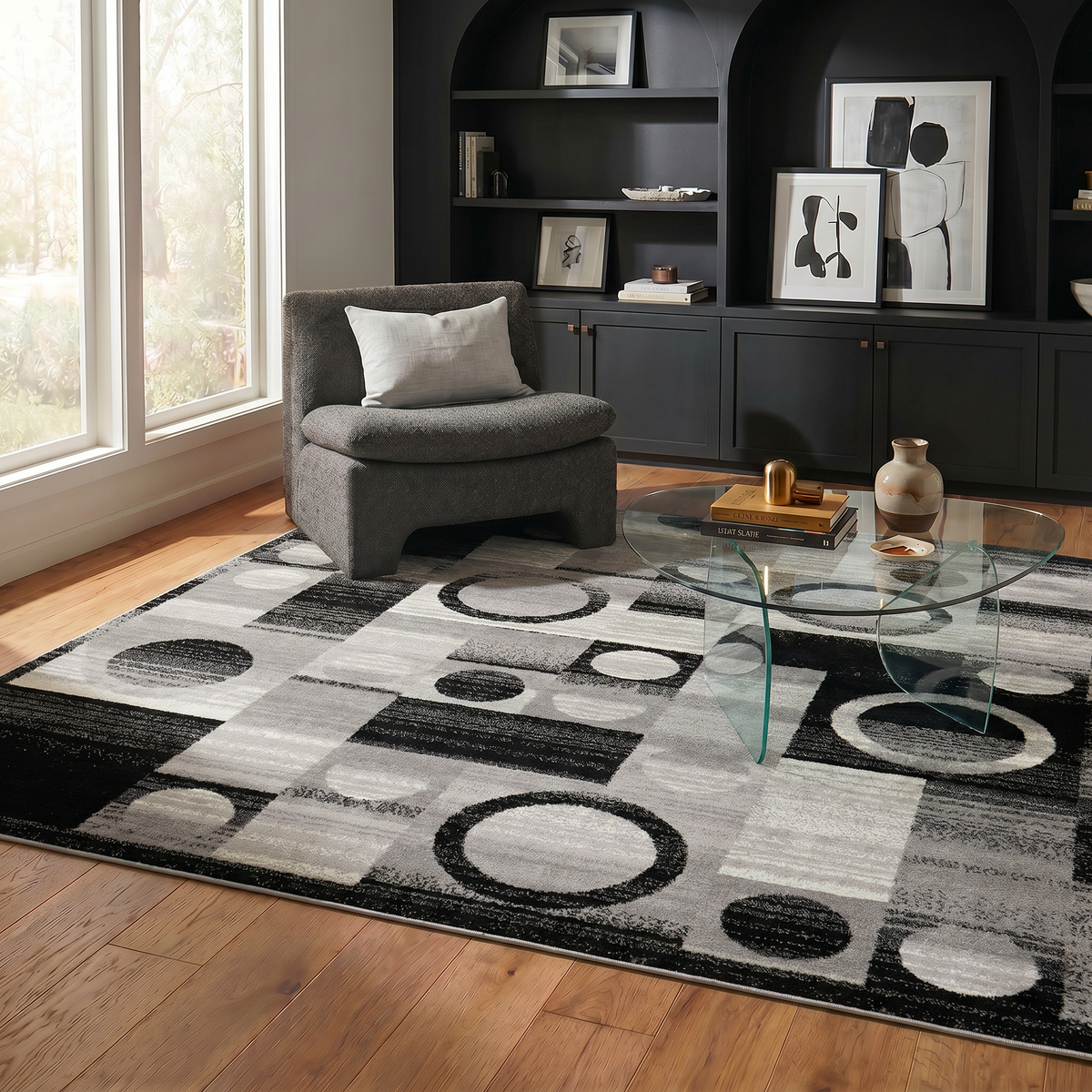 Alfombra de interior Zamani geométrica contemporánea negra y gris