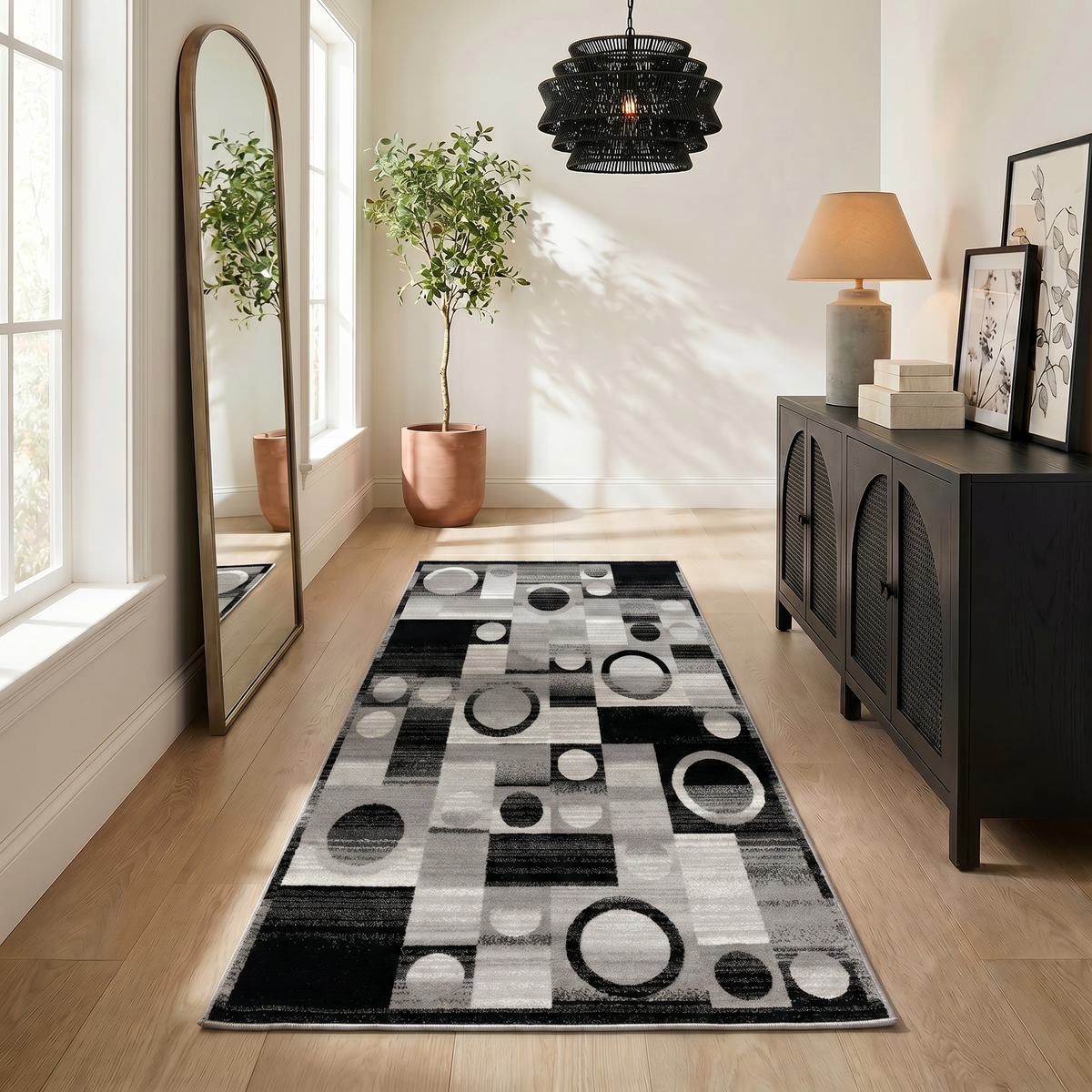 Alfombra de interior Zamani geométrica contemporánea negra y gris