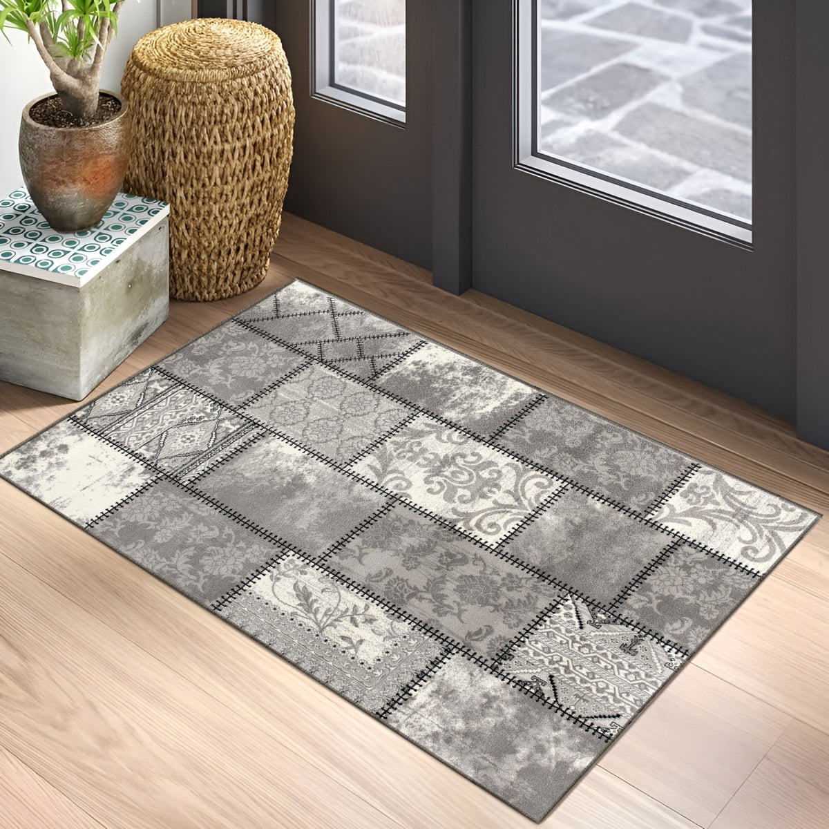 Vastra Patchwork Contemporary Grey and Beige Indoor Rug