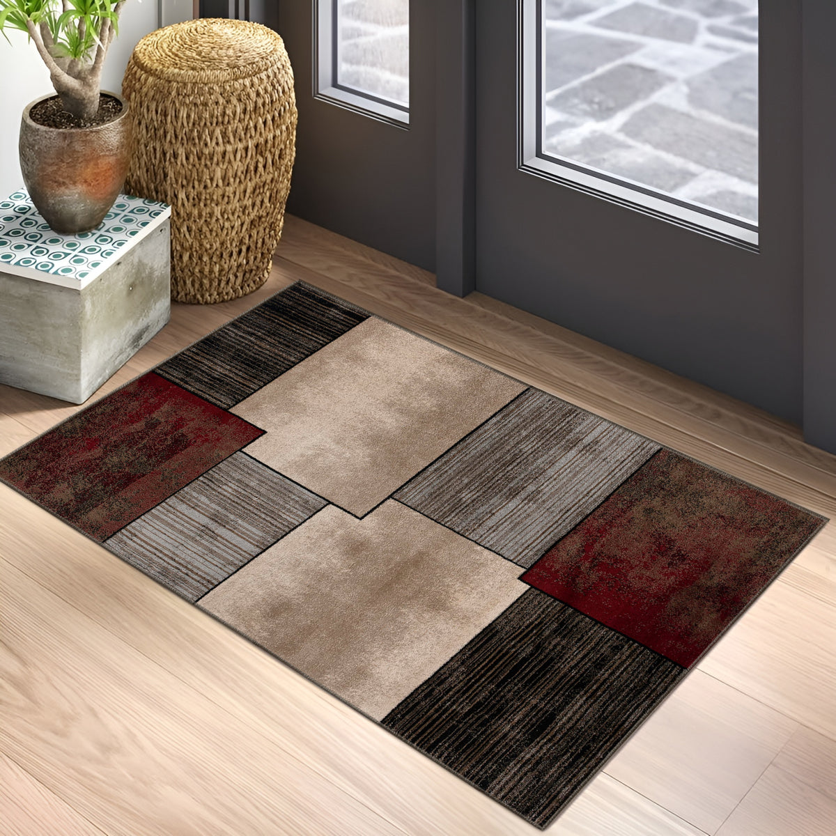 Ember Abstract Contemporary Brown and Red Indoor Rug