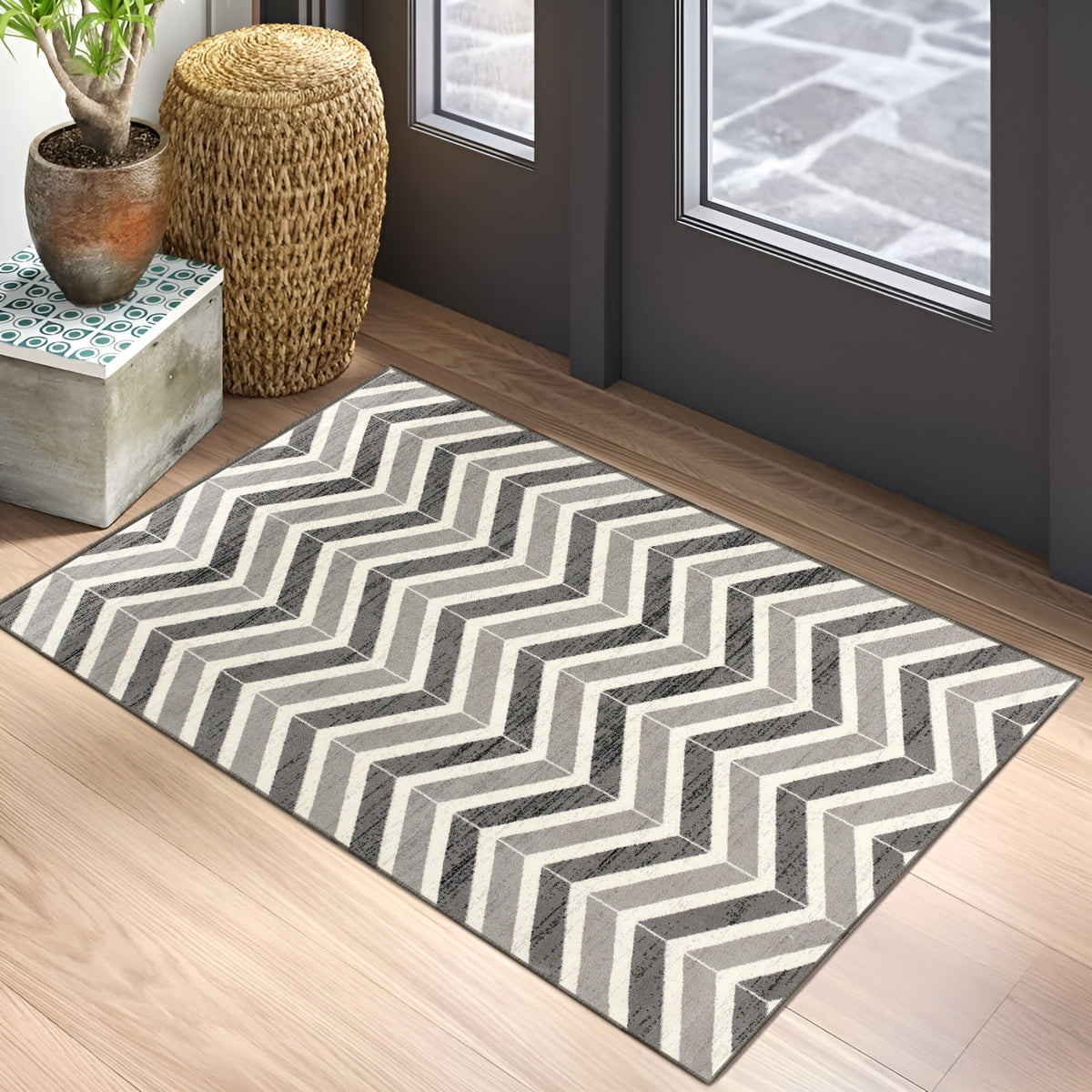 Kirei Chevron Contemporary Grey and Beige Indoor Rug